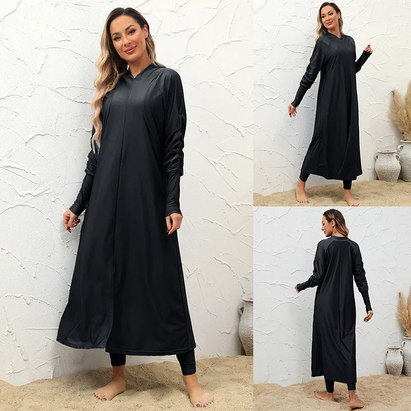 Burkini Abaya 3 pièces ensemble noir modeste maillots de bain femmes avec bonnet de bain