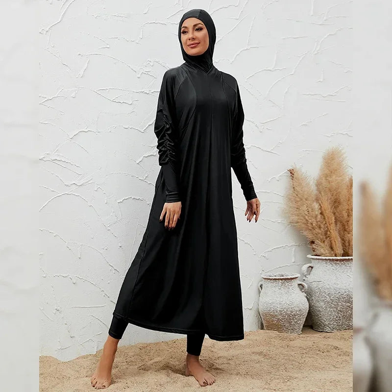 Burkini Abaya 3 pièces ensemble noir modeste maillots de bain femmes avec bonnet de bain