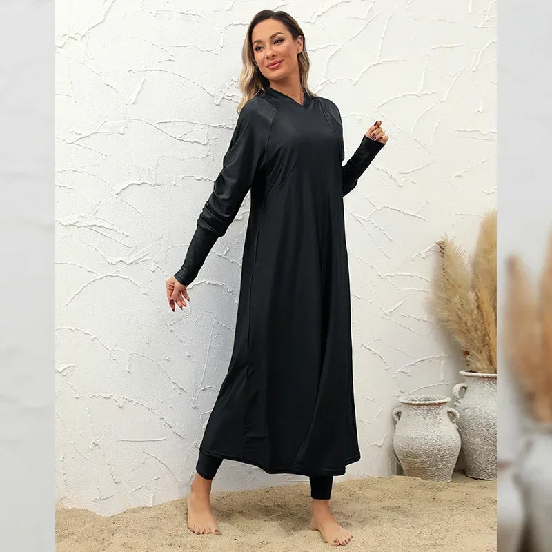 Burkini Abaya 3 pièces ensemble noir modeste maillots de bain femmes avec bonnet de bain