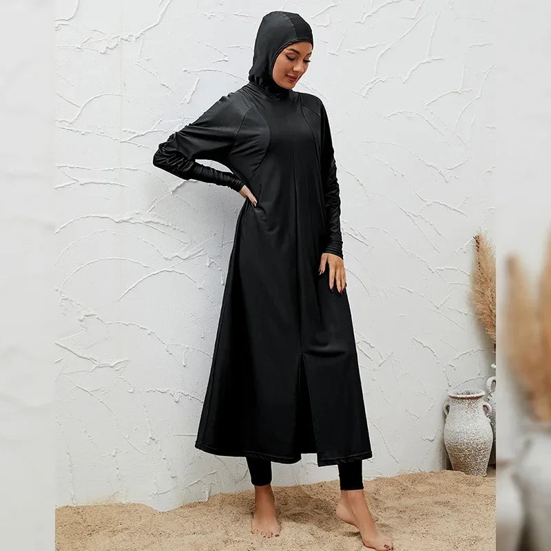 Burkini Abaya 3 pièces ensemble noir modeste maillots de bain femmes avec bonnet de bain