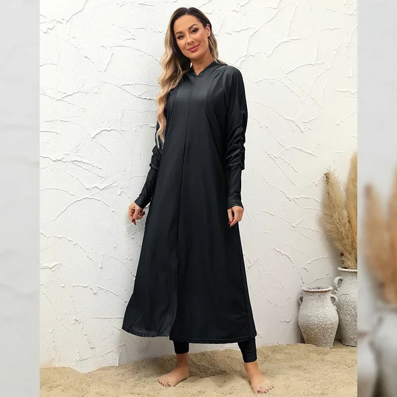 Burkini Abaya 3 pièces ensemble noir modeste maillots de bain femmes avec bonnet de bain
